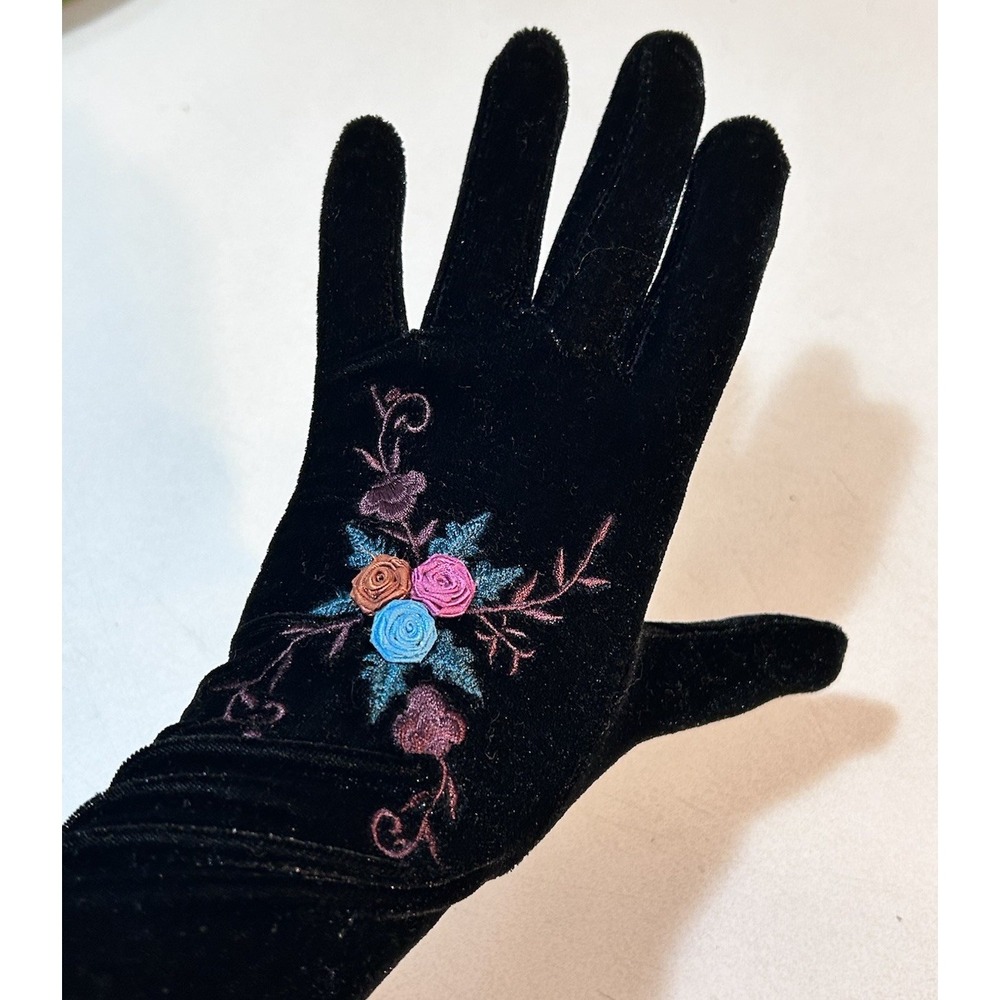 Vintage Black Velvet Gloves – Floral Embroidery Whimsygoth Victorian Cosplay